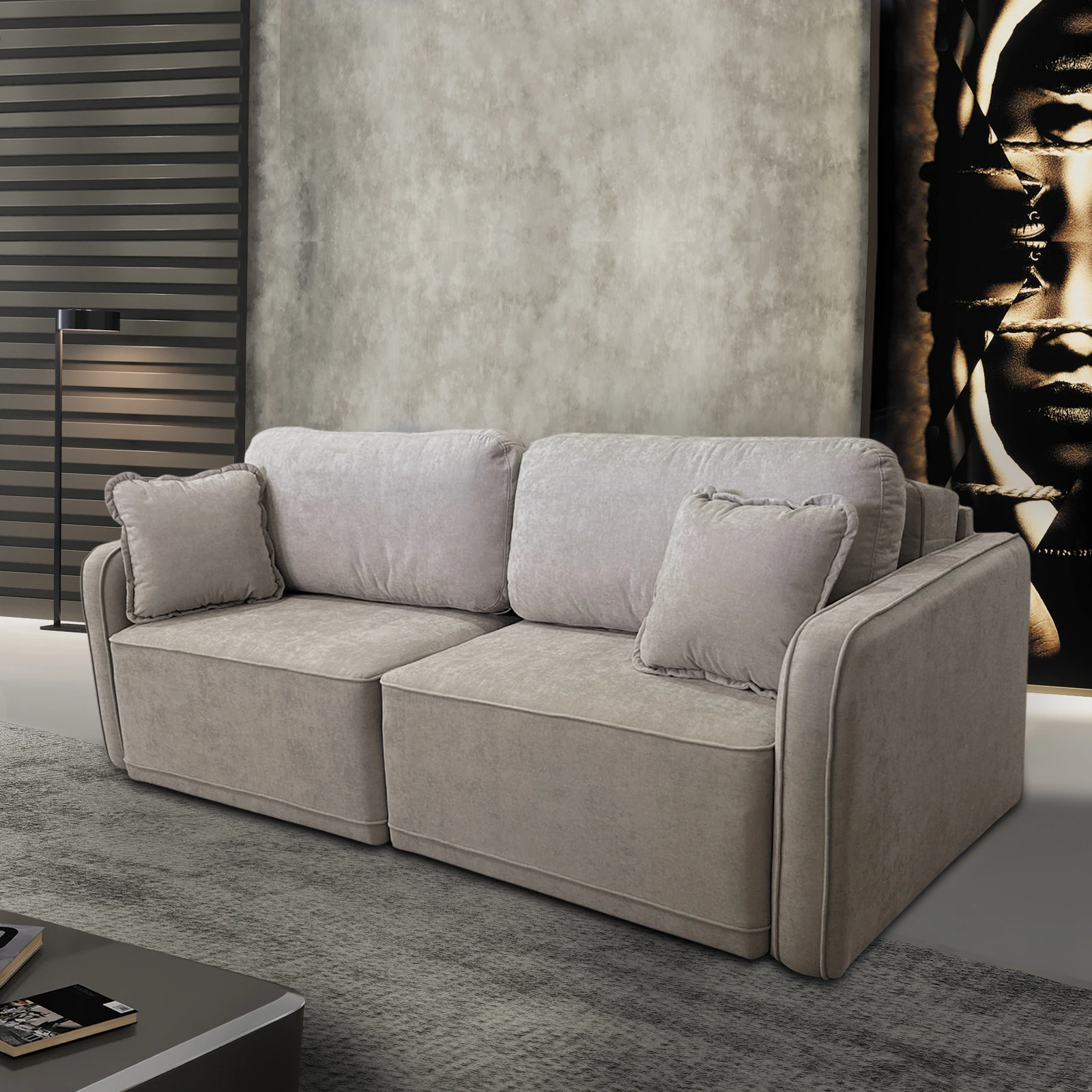 Sofá Sem Caixa (sofá cama) modelo Emotion.
- Medidas de 1,80 m até 2,60 m com 2 módulos.
- 2,60 m até 5,20 m com 3 ou mais módulos.
- Profundidade: 1,00 m (fechado) / 1,50 m aberto
- Espuma HS, Molas Ensacadas (pocket).
- Madeira Maciça.
- Pillow Top Assento Confortável .
- Pistão Blindado.
- Acabamento e Qualidade impecável.